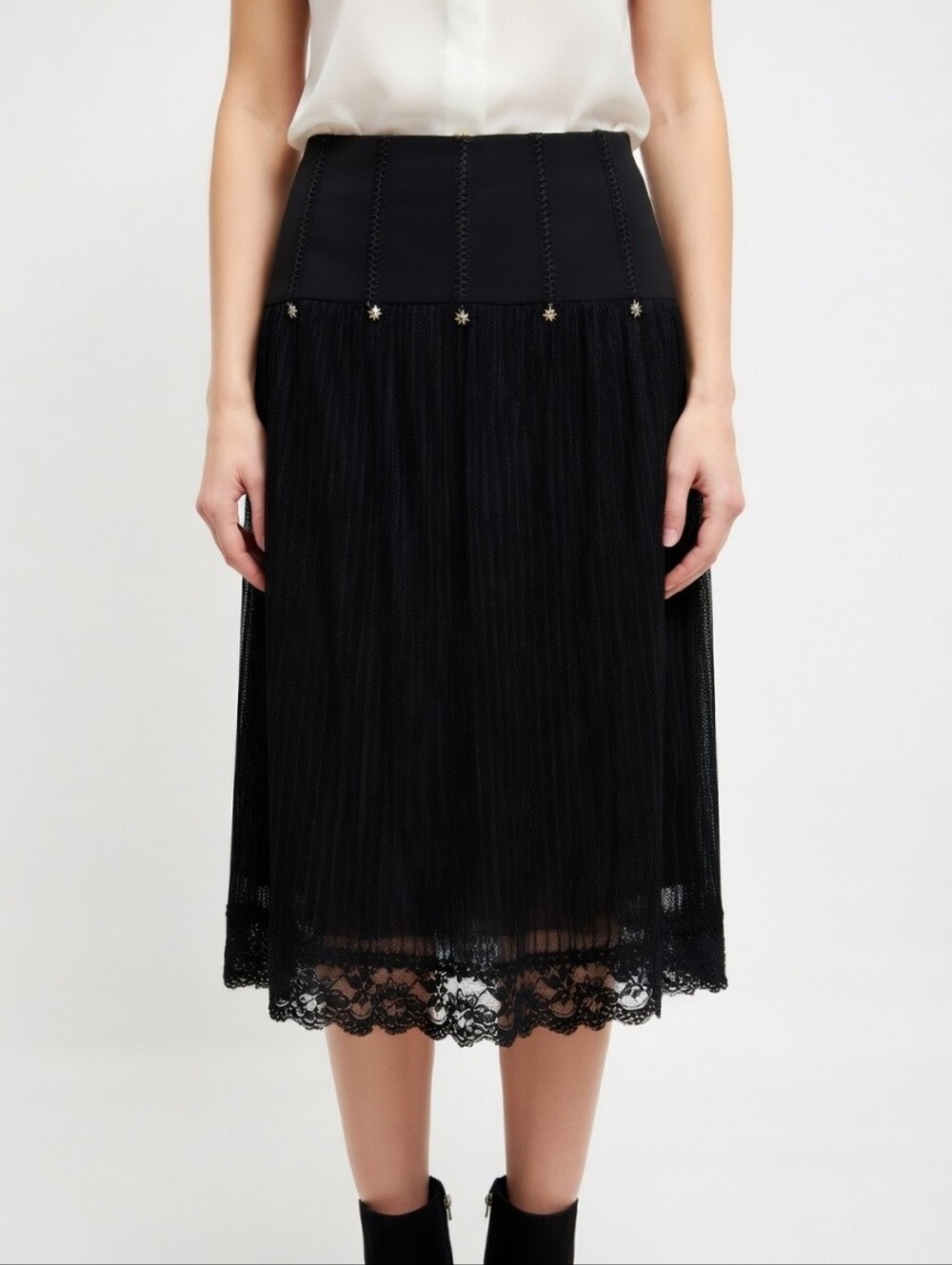 Joseph Ribkoff Vintage 90's Black Lace Overlay Midi A-line Skirt Size 16